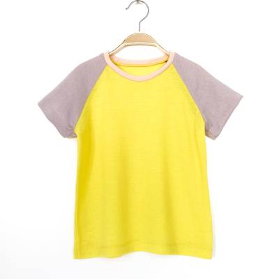 T-shirt Größe 116/122 gelb rosa 100% Merinowolle - Upcycling Kindershirt kurzärmlig