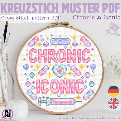 Kreuzstich Vorlage PDF Chronic & Iconic - Stickmuster chronische Erkrankungen mit Pillen und Spritze
