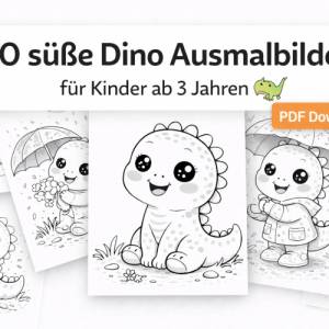 20 süße Dino Ausmalbilder für Kinder ab 3 Jahren als PDF | Dinosaurier Malvorlagen Kawaii Stil