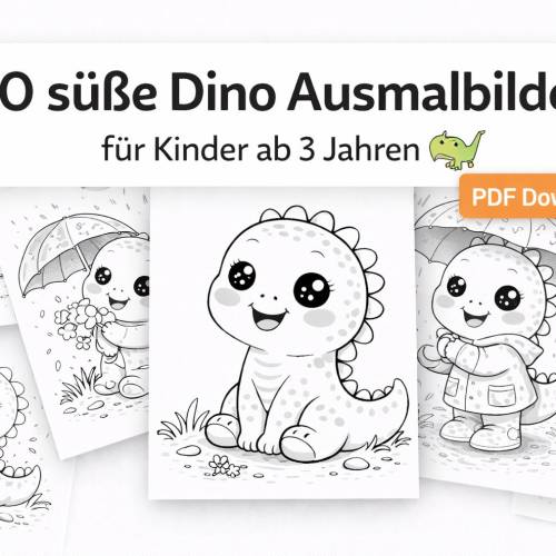 20 süße Dino Ausmalbilder für Kinder ab 3 Jahren als PDF | Dinosaurier Malvorlagen Kawaii Stil