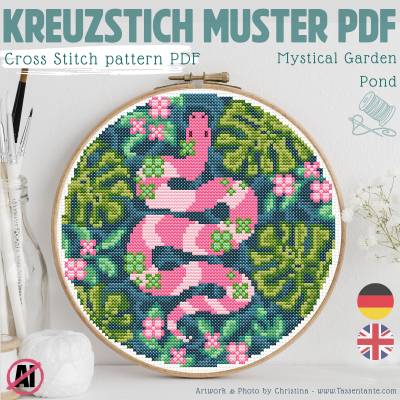Kreuzstich Vorlage PDF Zauberhaftes Szenario - Exotischer Teich mit Schlange und Pflanzen