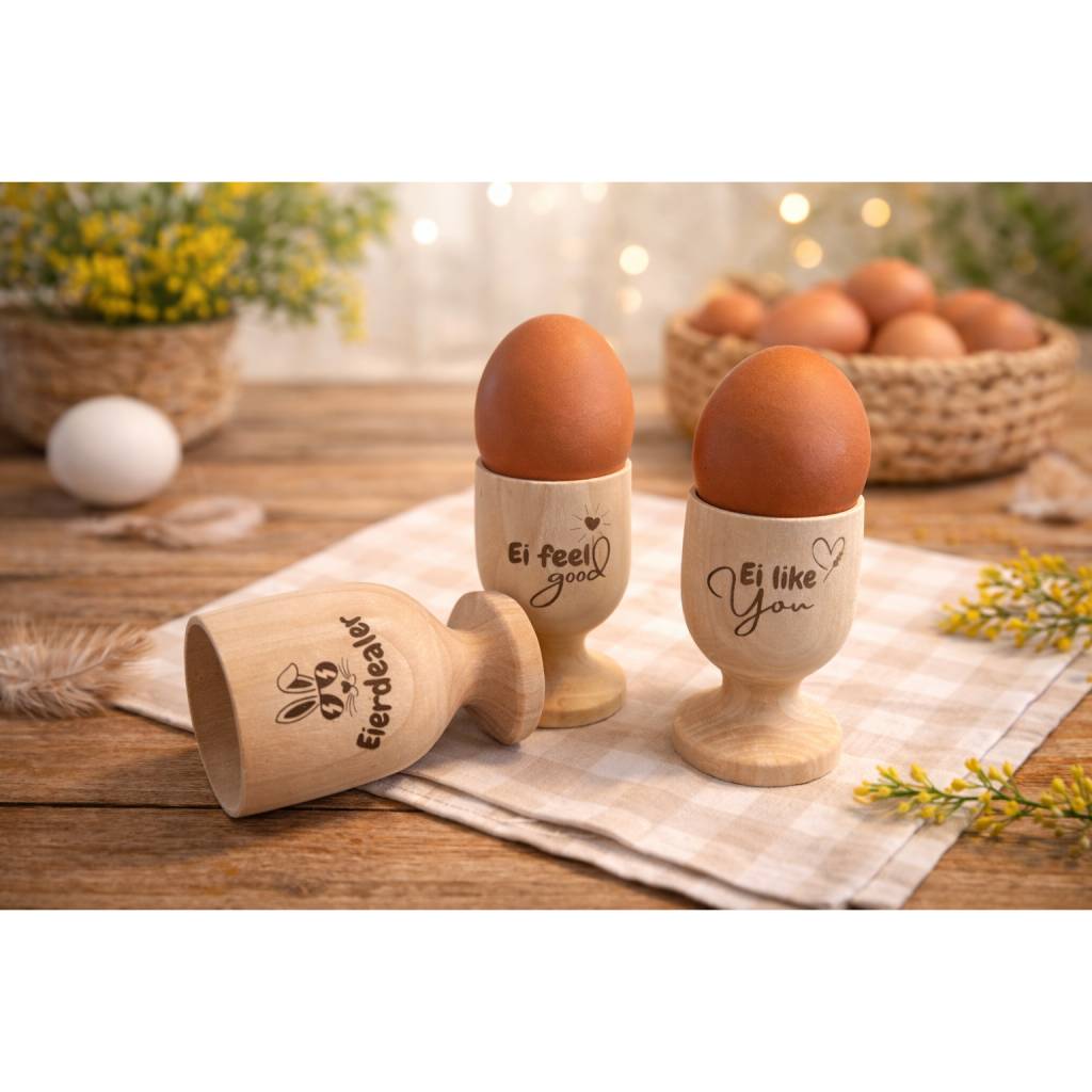 Lustiger Eierbecher aus Kiefernholz mit Gravur – Ei feel good, Eierdealer, Ei like you – Geschenk zu Ostern