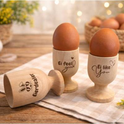 Lustiger Eierbecher aus Kiefernholz mit Gravur – Ei feel good, Eierdealer, Ei like you – Geschenk zu Ostern