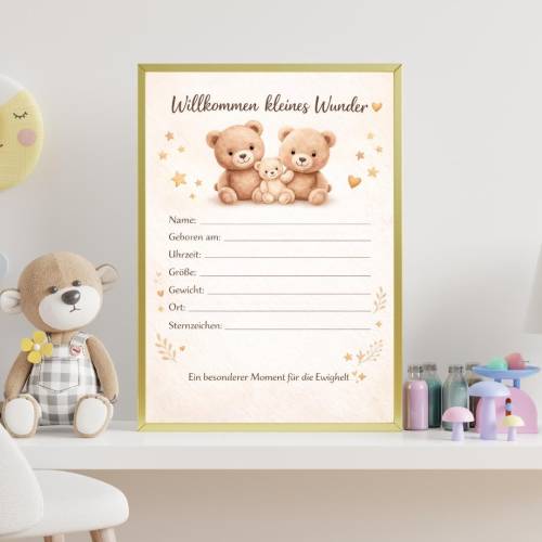Geburtsposter Bär PDF – Boho Baby Poster zum Ausfüllen & Ausdrucken | Geschenk zur Geburt | A4 Printable