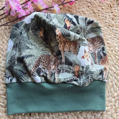 Handgemachte Bio-Sommersweat Beanie Mütze Kinder Dschungel KU 50-54 cm Grün einlagig