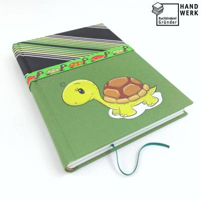 Notizbuch, Schildkröte, A5, 280 Seiten, grün, upcycling Krawatte, handgefertigt, füllertauglich