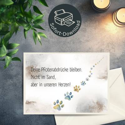 Digitale Tiertrauerkarte „Pfotenabdrücke“ – Aquarellmotiv für Hunde & Katzen