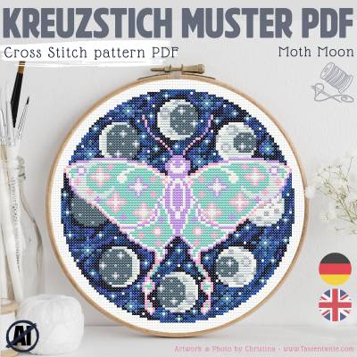 Kreuzstich Vorlage PDF - Moth Moon Lunarmoth - Zauberhafte Celestrial Motte mit vielen Details