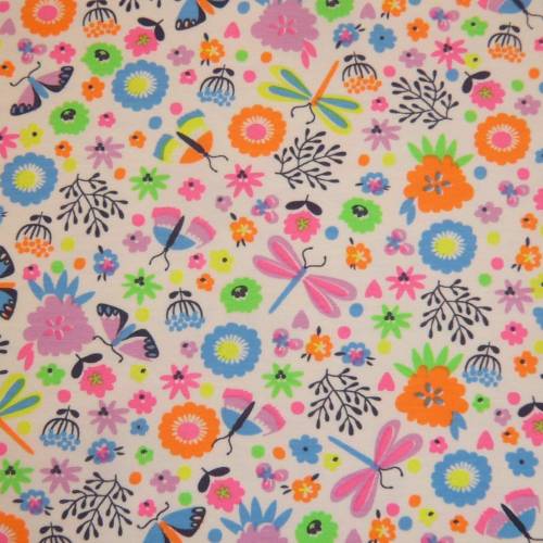 0,80m RESTSTÜCK Jersey Schmetterlinge Libellen Blumen  neon auf weiß Baumwolljersey