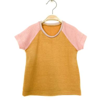 T-Shirt Größe 86 Merinowolle gelb rosa / Upcyclingshirt für Kinder / Merinoshirt kurzärmlig