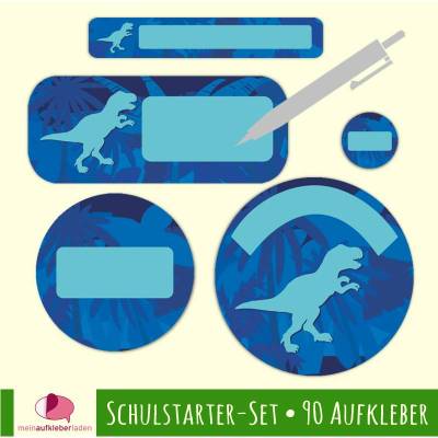 Schulstarter-Set Urwald Dinos T-Rex blau – 90-teiliges Namensaufkleber-Set zum Selbstbeschriften