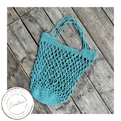 Häkelnetz Petrol aus Baumwolle – Gehäkeltes Einkaufsnetz, flexible Netztasche für Alltag, Markt und Einkauf