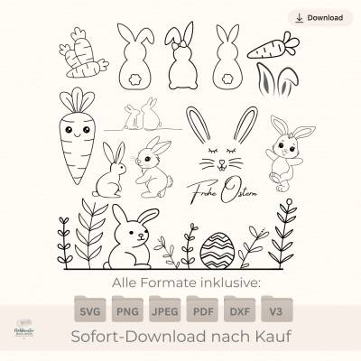 Bundle Plotterdatei Set Ostern – Hasen, Eier, Möhren – Digitale Datei SVG DXF PNG