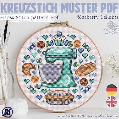 Kreuzstich Vorlage PDF Süßes Dessert, Kawaii Stickvorlage mit Küchenmaschine, Blaubeeren und leckerem Gebäck