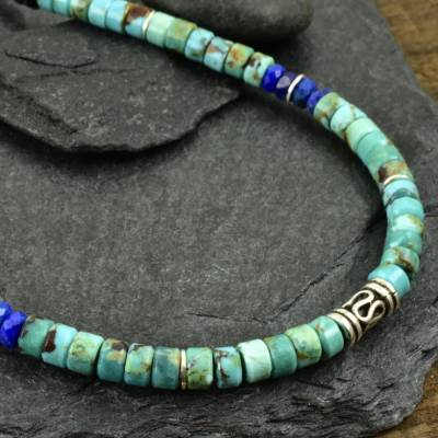 Halskette mit Türkis, Lapis, Lava und 925er Silber – Männerkette Edelsteinkette Geschenk Freund Ehemann, Halskette 50 cm