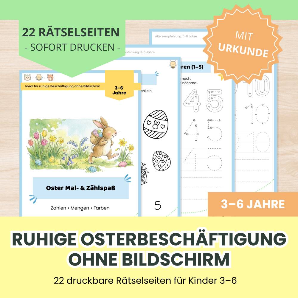 Oster Zahlen, Mengen, Farben Rätsel | Kinder 3-6 | Digitaler Download | 22 Seiten | PDF ausdrucken | Beschäftigung ohne Bild 1