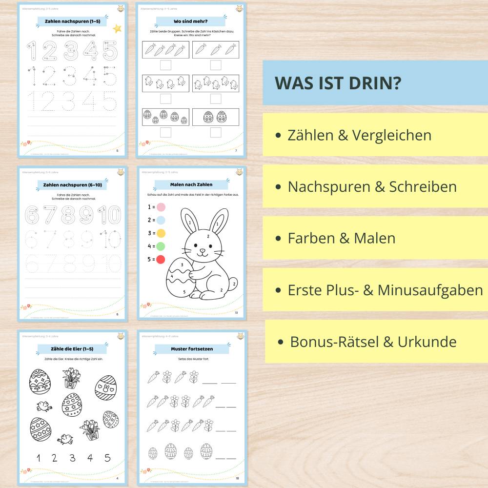 Oster Zahlen, Mengen, Farben Rätsel | Kinder 3-6 | Digitaler Download | 22 Seiten | PDF ausdrucken | Beschäftigung ohne Bild 2