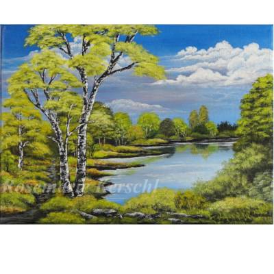 Spaziergang am See – Handgemaltes Acrylbild Unikat auf Leinwand 25 x 30 cm Querformat