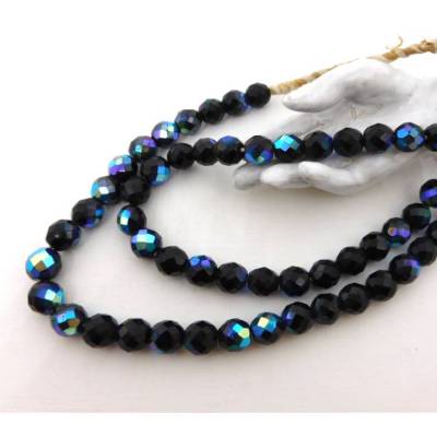 Vintage böhmische Glasperlen 10 mm schwarz mit Regenbogenschimmer – Afrikahandel, 57 cm Strang
