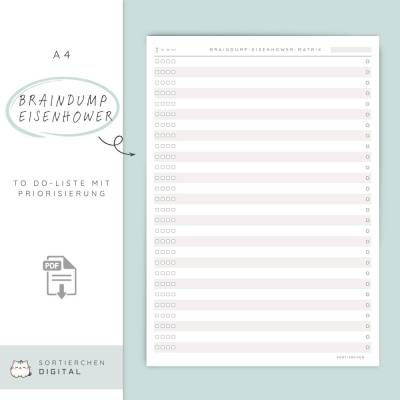 Braindump Eisenhower Matrix A4 | To Do Liste mit Priorisierung | ADHS Planer Deutsch | Printable in 5 Farben 