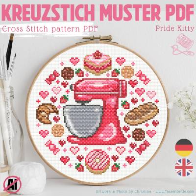 Kreuzstich Vorlage PDF Süßes Dessert, Kawaii Stickvorlage mit Küchenmaschine, Erdbeeren, Gebäck