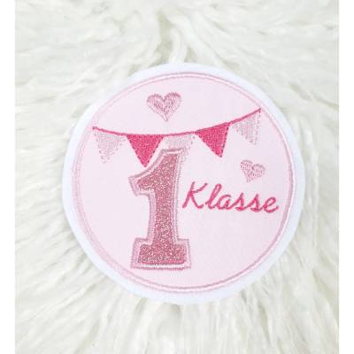 Applikation Aufnäher erste Klasse Button mit Glitzer Zahl rosa Schultüte Schulkind Patch Bügelbild Einschulung Mädchen