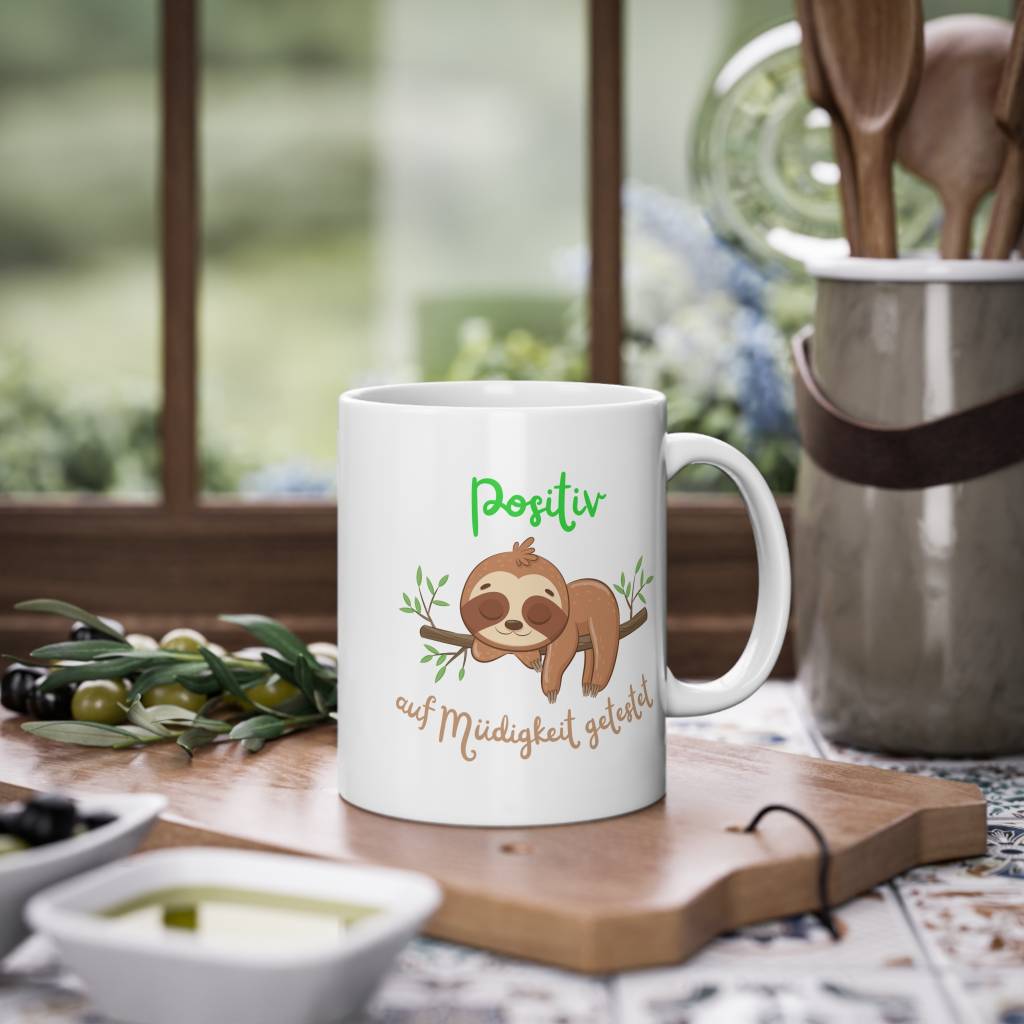 Faultier Tasse lustig Positiv auf Müdigkeit getestet Kaffee Becher Spruch Geschenk Kollegen Büro Morgenmuffel
