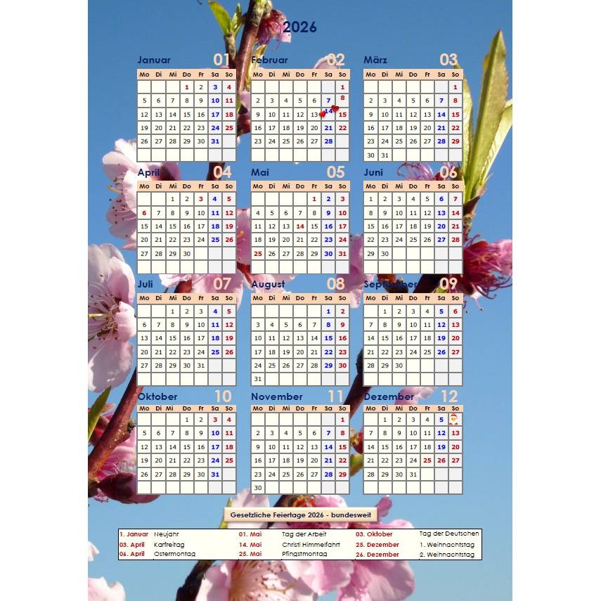 Jahreskalender 2026 auf einen Blick - Pfirsichblüten PDF – DIN A4 zum Ausdrucken Bild 1