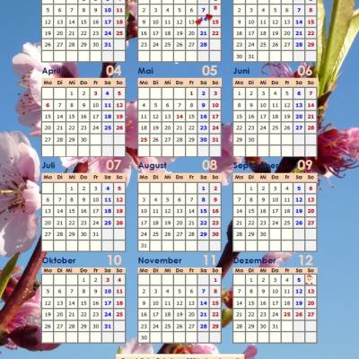 Jahreskalender 2026 auf einen Blick - Pfirsichblüten PDF – DIN A4 zum Ausdrucken