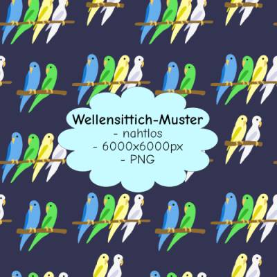 Nahtloses Wellensittich-Muster PNG – 6000x6000 Pixel, 150 DPI
