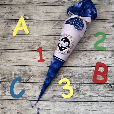 zauberhafte Schultüte / Zuckertüte in Blau Flieder mit Wal Orca Meer Ozean