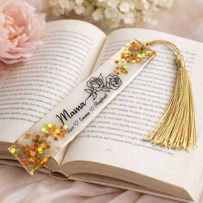 Personalisiertes Mama Lesezeichen mit Kindernamen aus Epoxidharz – Muttertagsgeschenk für Buchliebhaber 