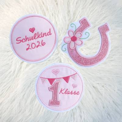 Applikation/ Aufnäher/ Schultüte Hufeisen - erste Klasse - Schulkind Button - Glitzerstoff - 3 teiliges Set Bügelbild