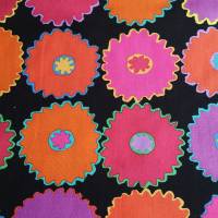 Patchworkstoff, Meterware von Kaffe Fassett mit stilisierten Blüten in pink, orange, lila, gelb zum Nähen PWGP213 Pinki