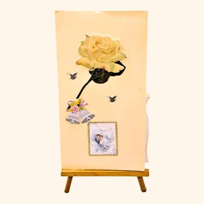 Hochzeitskarte mit Tauben, Hochzeitsglocken und gelber Rose – mit Einsteckfächern für Wünsche und Geldgeschenk