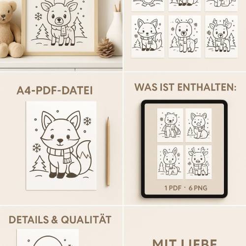 Winter Ausmalbilder für Kinder – 6 süße Wintertiere als PDF & PNG • A4 Malvorlagen zum Sofort-Download