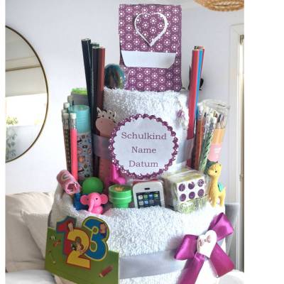 Stiftetorte Geschenk zur Einschulung für Mädchen Handtuchtorte Schultüte Schuleinführung erster Schultag 