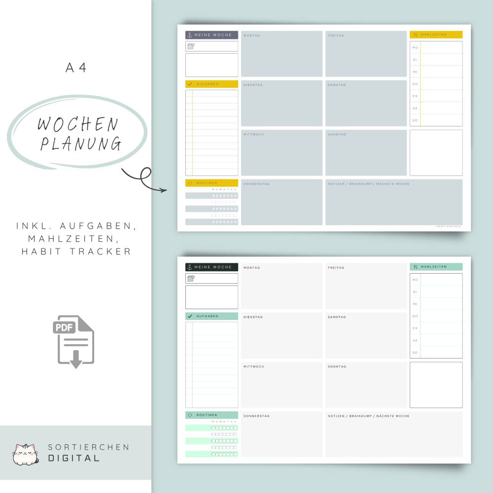 Wochenplaner A4 quer | Wochenplan mit Habit Tracker, Aufgabenliste
