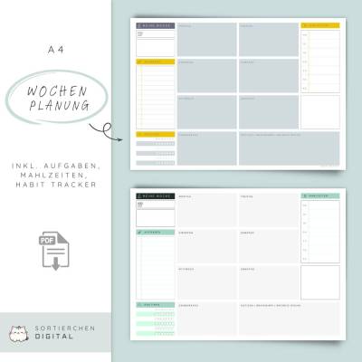 Wochenplaner A4 quer | Wochenplan mit Habit Tracker, Aufgabenliste & Mahlzeitenplan | PDF Vorlage zum Ausdrucken
