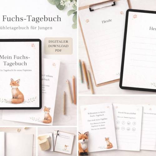 Gefühletagebuch für Jungen – Aquarell Fuchs | Digitales Tagebuch zum Ausdrucken & Ausfüllen