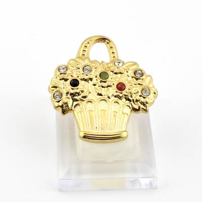 Vintage Brosche vergoldet mit Blumenkorb und bunte Kristalle geschliffen - Anstecknadel Goldfarbe mit Blumendekor