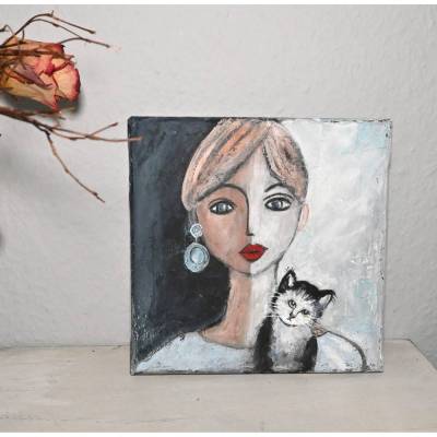 Malerei Miniatur Frau mit Katze – Frauenporträt Acrylbild auf Leinwand 20x20 cm – Katzenbild Kunst Unikat