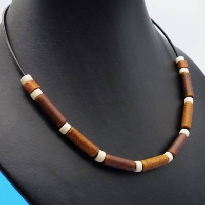 Lederkette, unisex, braun, weiß, schwarz, silber, Keramikperlen, Metallperlen, Halskette, Surfer, Handarbeit