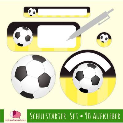 Schulstarter-Set Fußball schwarz-gelb – 90-teiliges Namensaufkleber-Set zum Selbstbeschriften, wasserfest & PVC-frei