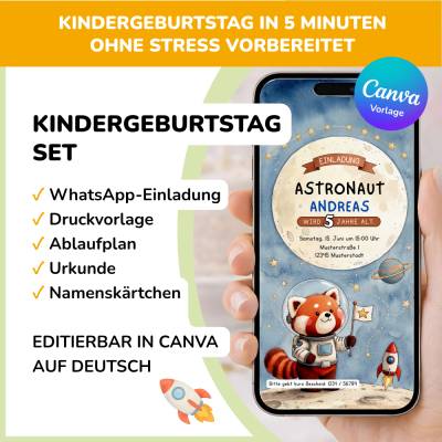 Kindergeburtstag Bundle Einladungskarte, Urkunde, Namenskärtchen Weltraum, Astronaut & Roter Panda Canva Vorlage editier