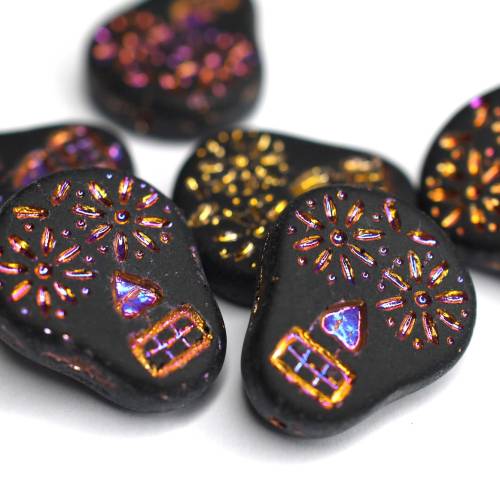 4 Glasperlen Sugar Skull Matte Jet Sliperit, Schmuck seller machen, DIY Schädel Halloween, Schwarz Gold