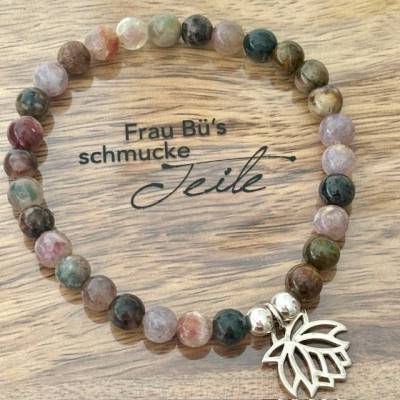 Armband aus Turmalin mit 925-Silber Lotusblüte – Handgefertigt, 17 cm, Geschenkidee