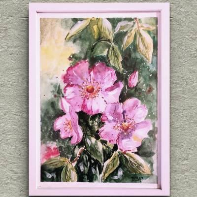 21x30 cm - Tanz der pastellfarbenen Rosen - Handgemaltes Aquarellgemälde im Rahmen - Blütenzauber - Kunstwerk - Unikat.