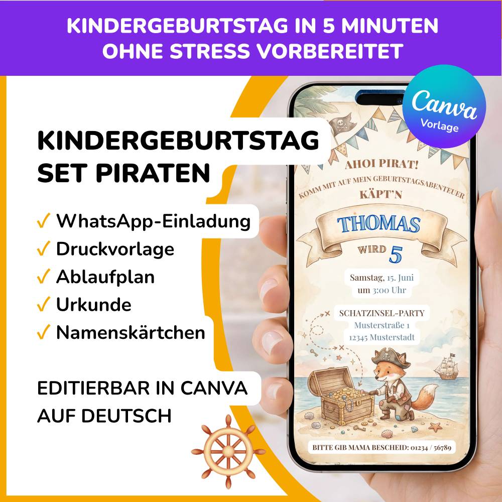 Kindergeburtstag Einladungskarte Pirat Junge | Fuchs Pirat | Canva Vorlage editierbar, WhatsApp, Druck, Urkunde, Namensk Bild 1