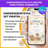 Kindergeburtstag Einladungskarte Pirat Junge | Fuchs Pirat | Canva Vorlage editierbar, WhatsApp, Druck, Urkunde, Namensk